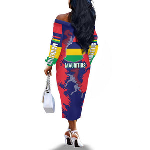 Afro Mauritius Off The Shoulder Long Sleeve Dress Map Design with Flag Coat of Arms