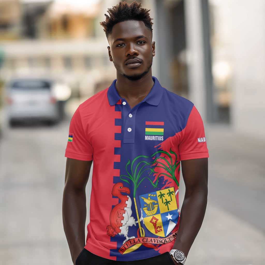 Afro Mauritius Polo Shirt Map Design with Flag Coat of Arms