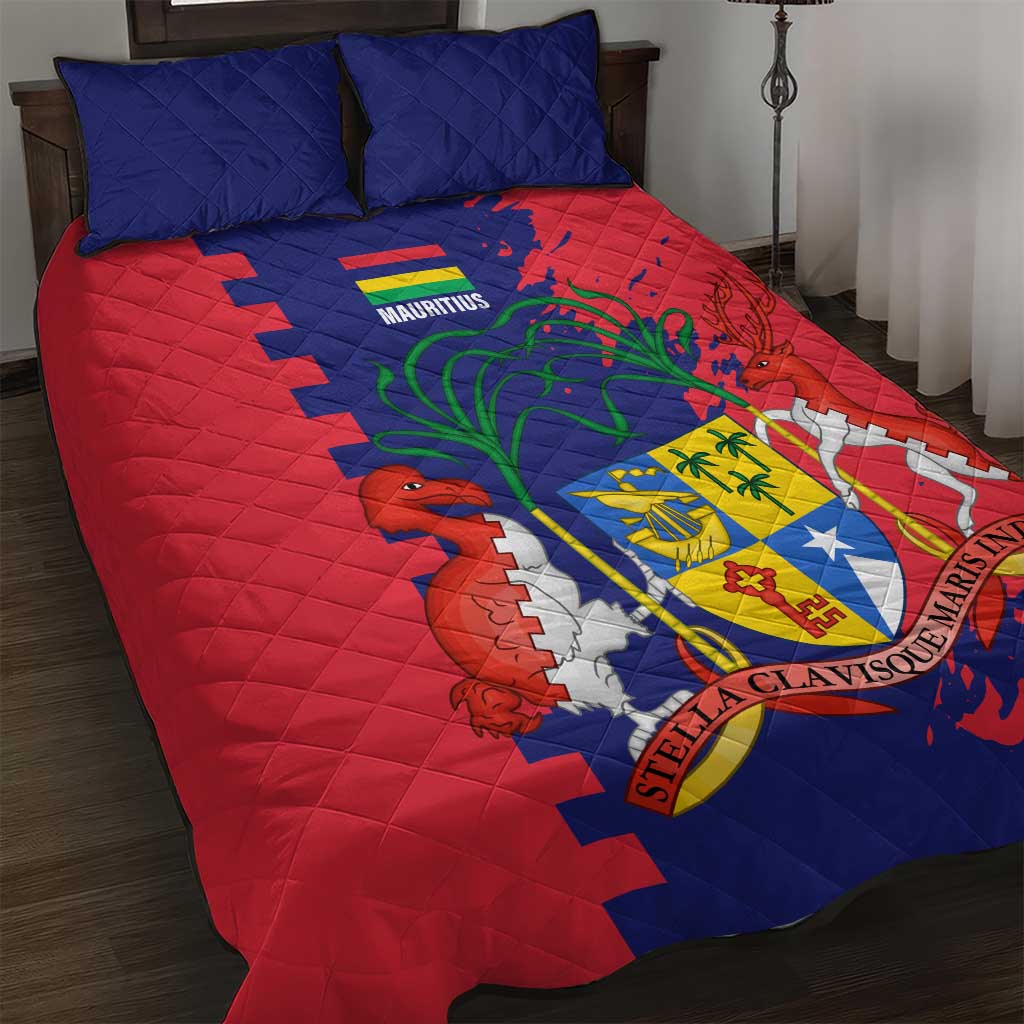 Afro Mauritius Quilt Bed Set Map Design with Flag Coat of Arms