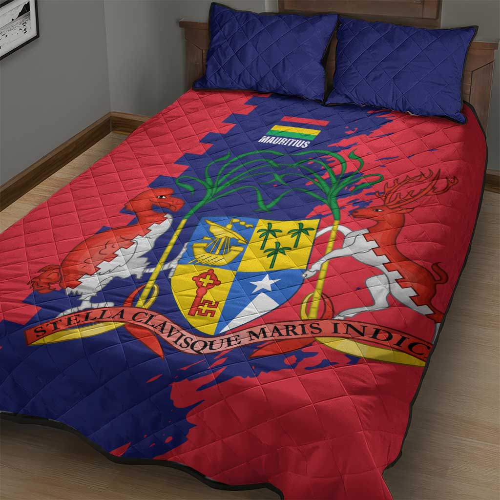 Afro Mauritius Quilt Bed Set Map Design with Flag Coat of Arms