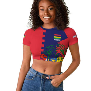 Afro Mauritius Raglan Cropped T shirt Map Design with Flag Coat of Arms