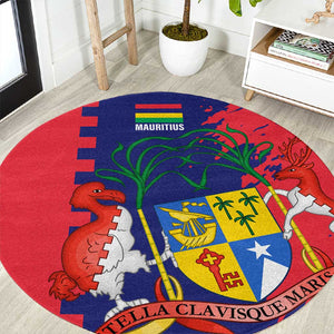 Afro Mauritius Round Carpet Map Design with Flag Coat of Arms