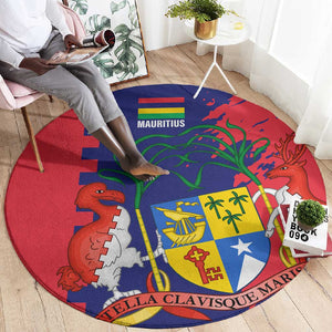 Afro Mauritius Round Carpet Map Design with Flag Coat of Arms