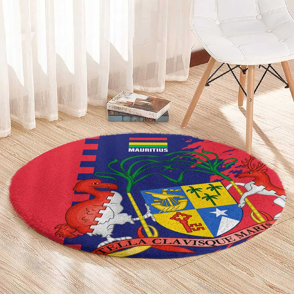 Afro Mauritius Round Carpet Map Design with Flag Coat of Arms
