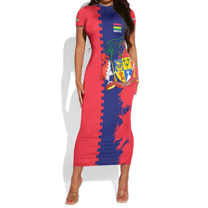Afro Mauritius Short Sleeve Bodycon Dress Map Design with Flag Coat of Arms TS04