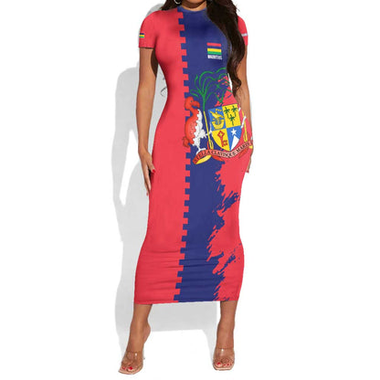 Afro Mauritius Short Sleeve Bodycon Dress Map Design with Flag Coat of Arms TS04
