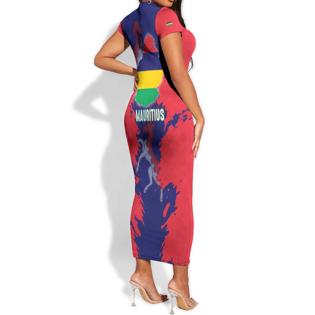 Afro Mauritius Short Sleeve Bodycon Dress Map Design with Flag Coat of Arms TS04
