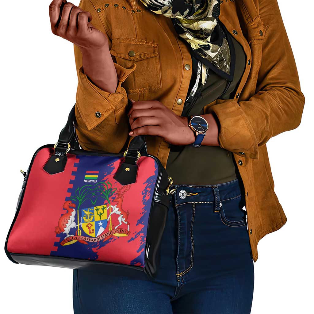 Afro Mauritius Shoulder Handbag Map Design with Flag Coat of Arms