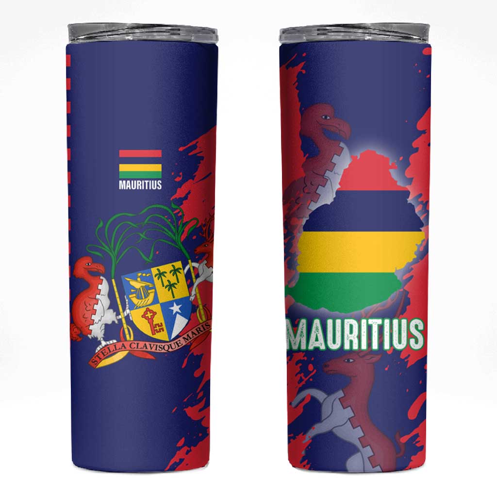 Afro Mauritius Skinny Tumbler Map Design with Flag Coat of Arms