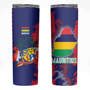 Afro Mauritius Skinny Tumbler Map Design with Flag Coat of Arms