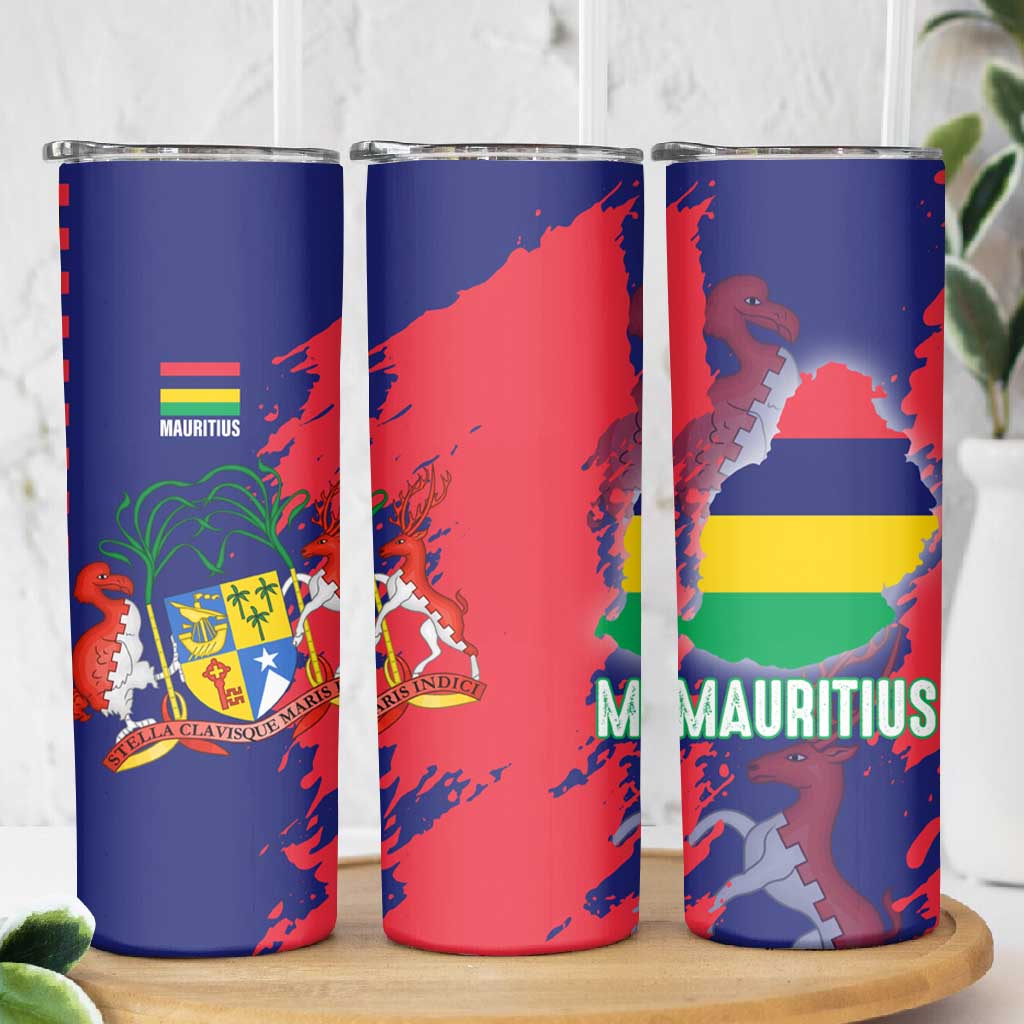 Afro Mauritius Skinny Tumbler Map Design with Flag Coat of Arms