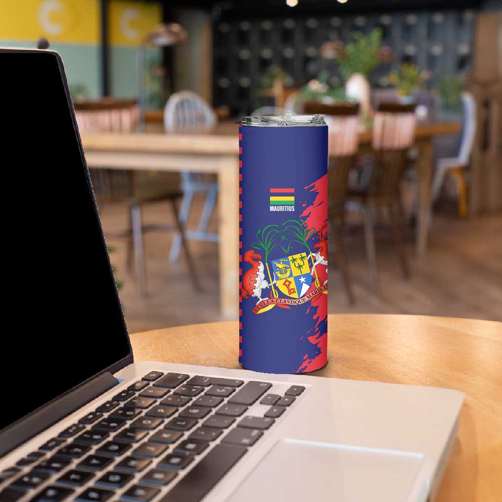 Afro Mauritius Skinny Tumbler Map Design with Flag Coat of Arms