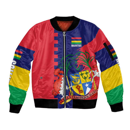 Afro Mauritius Sleeve Zip Bomber Jacket Map Design with Flag Coat of Arms