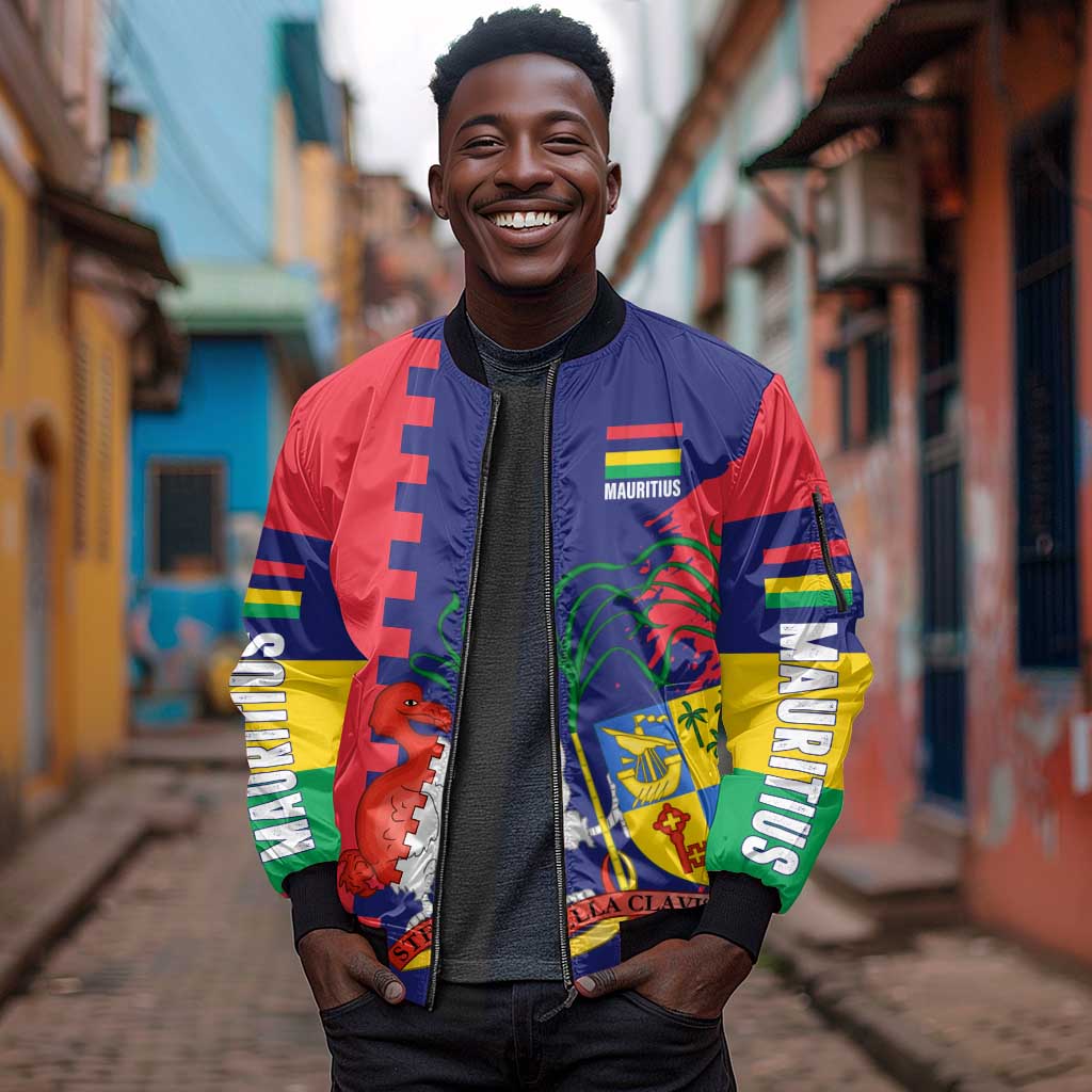 Afro Mauritius Sleeve Zip Bomber Jacket Map Design with Flag Coat of Arms