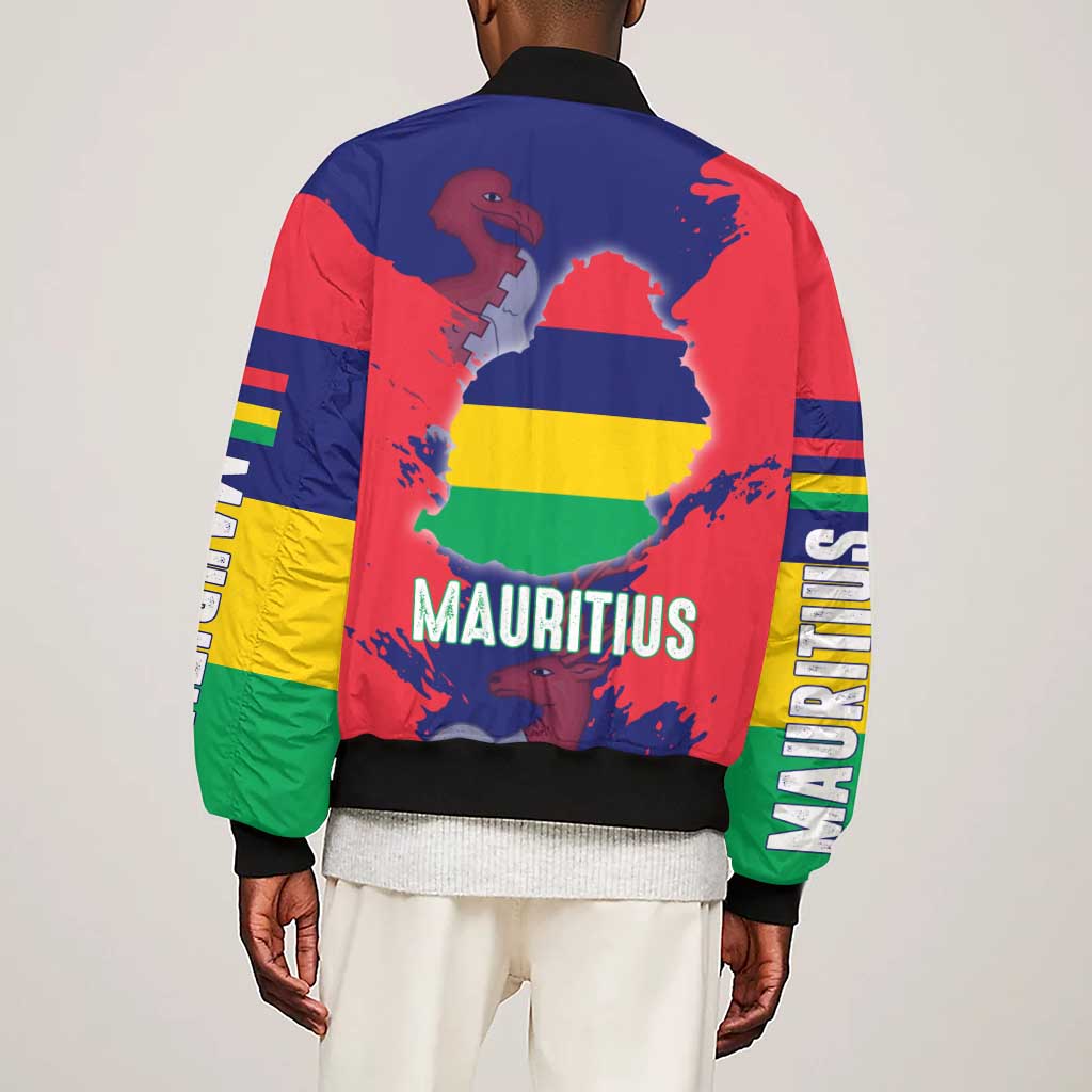 Afro Mauritius Sleeve Zip Bomber Jacket Map Design with Flag Coat of Arms