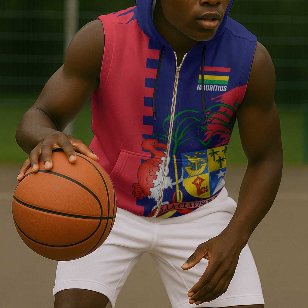 Afro Mauritius Sleeveless Zip Hoodie Map Design with Flag Coat of Arms - African Pride