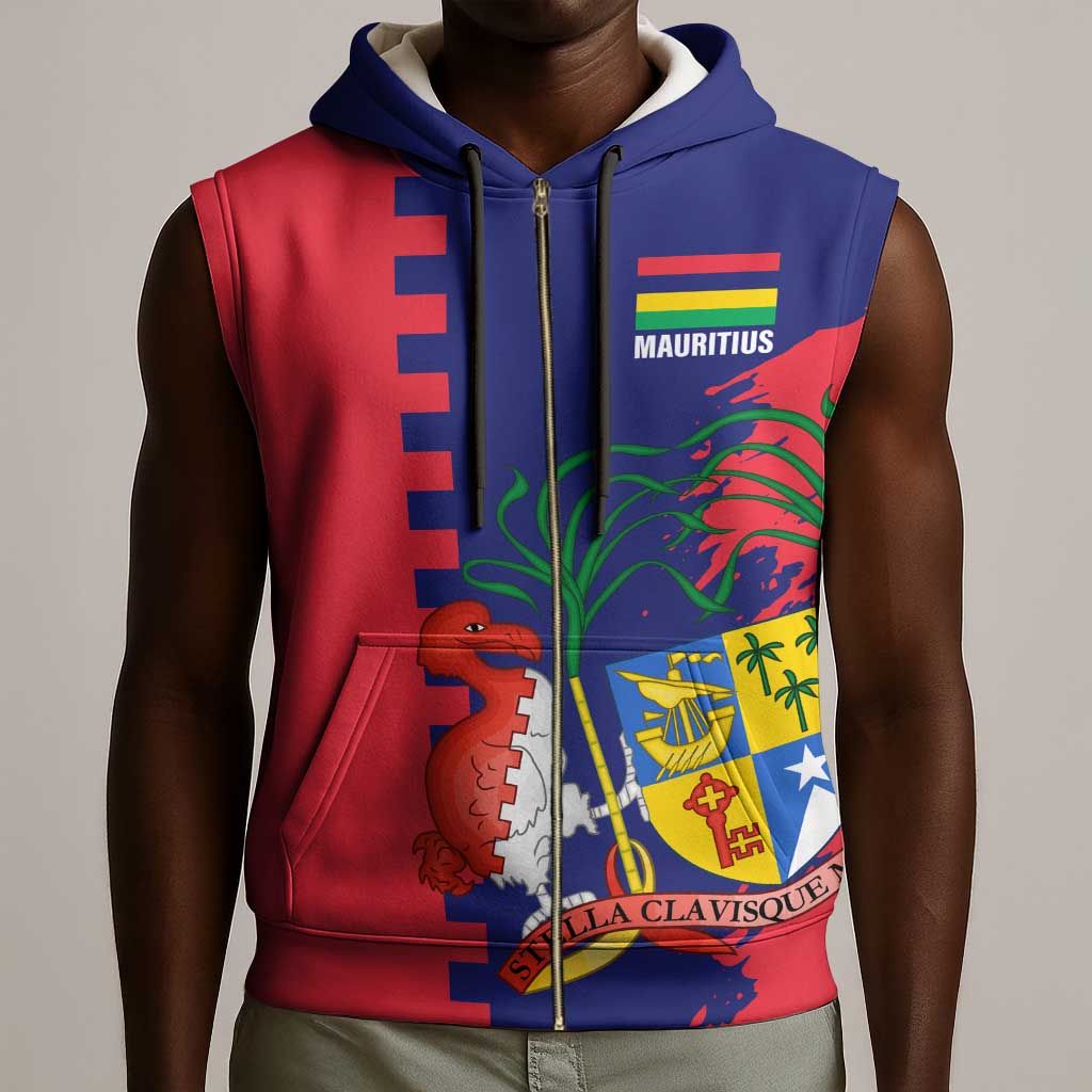 Afro Mauritius Sleeveless Zip Hoodie Map Design with Flag Coat of Arms - African Pride