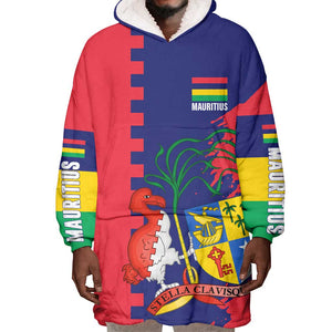 Afro Mauritius Wearable Blanket Hoodie Map Design with Flag Coat of Arms