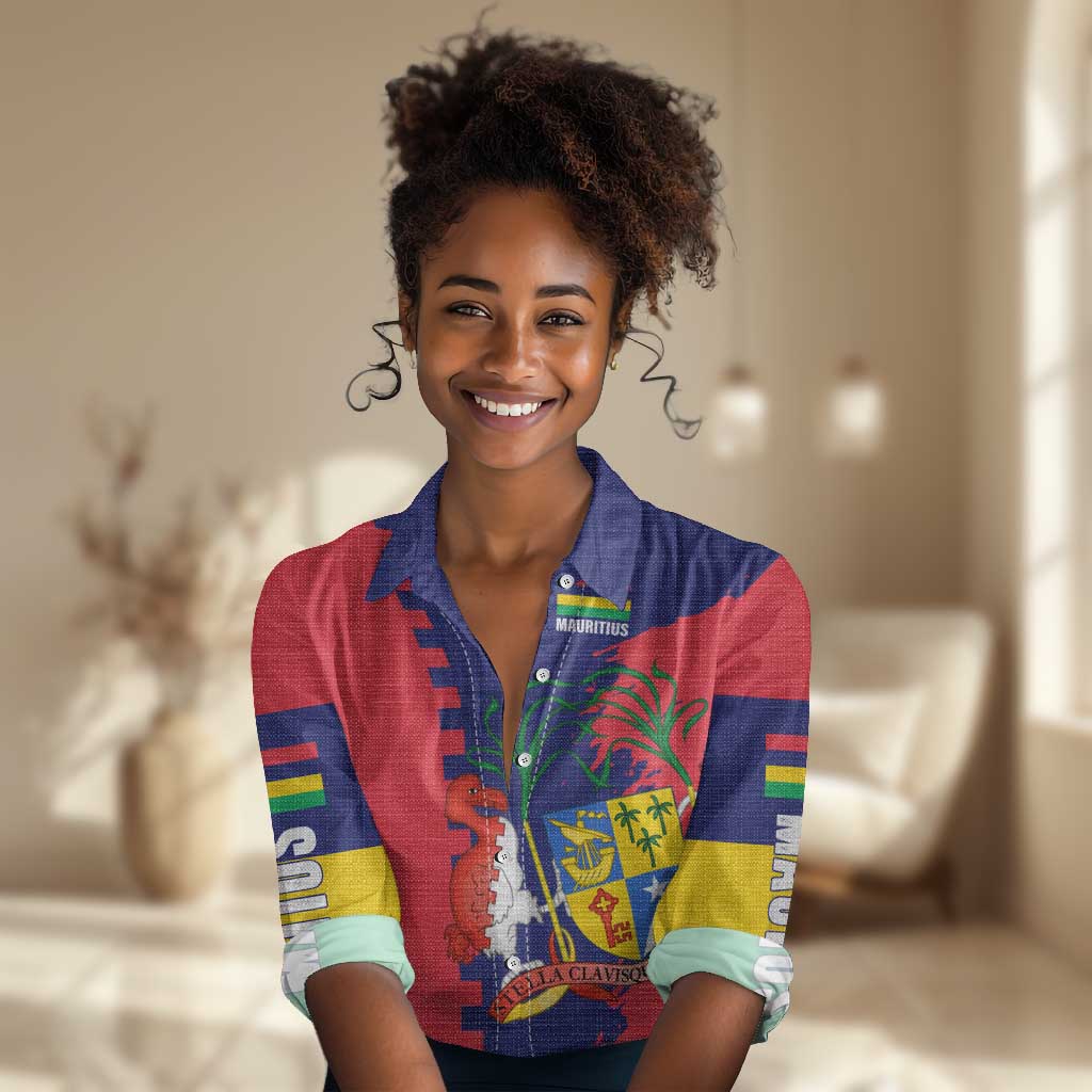 Afro Mauritius Women Casual Shirt Map Design with Flag Coat of Arms