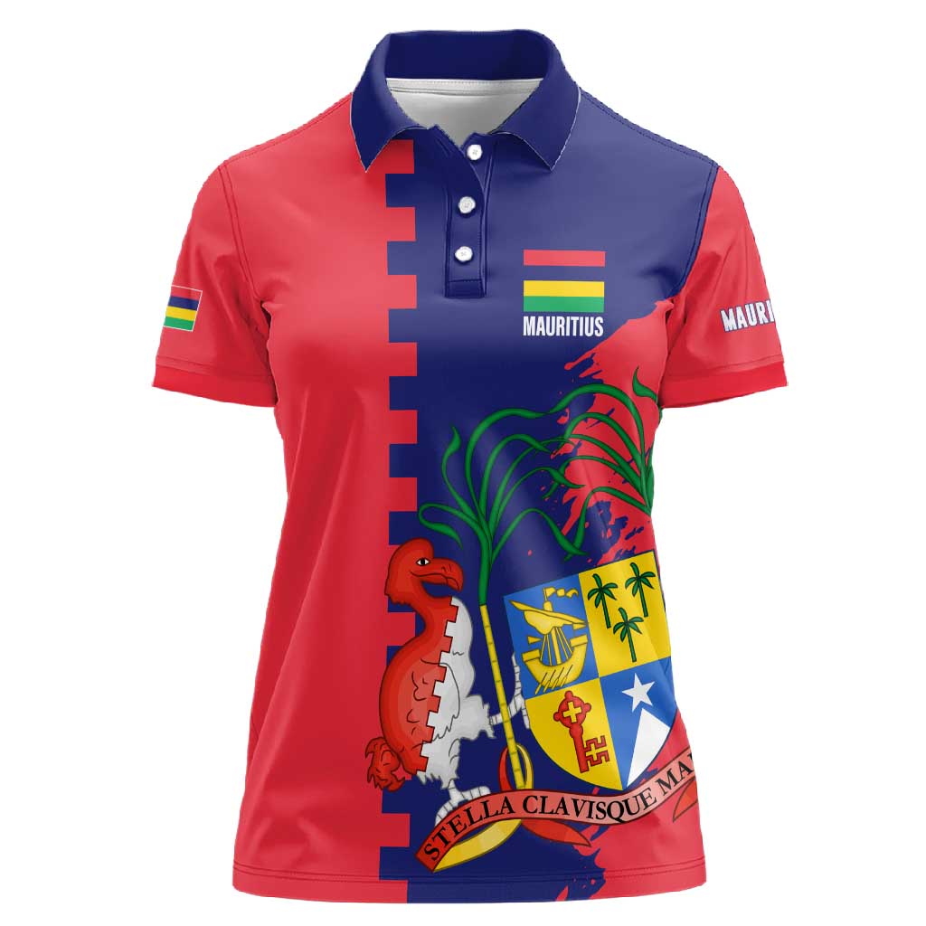 Afro Mauritius Women Polo Shirt Map Design with Flag Coat of Arms