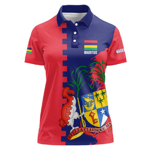 Afro Mauritius Women Polo Shirt Map Design with Flag Coat of Arms