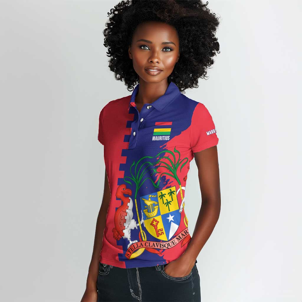 Afro Mauritius Women Polo Shirt Map Design with Flag Coat of Arms