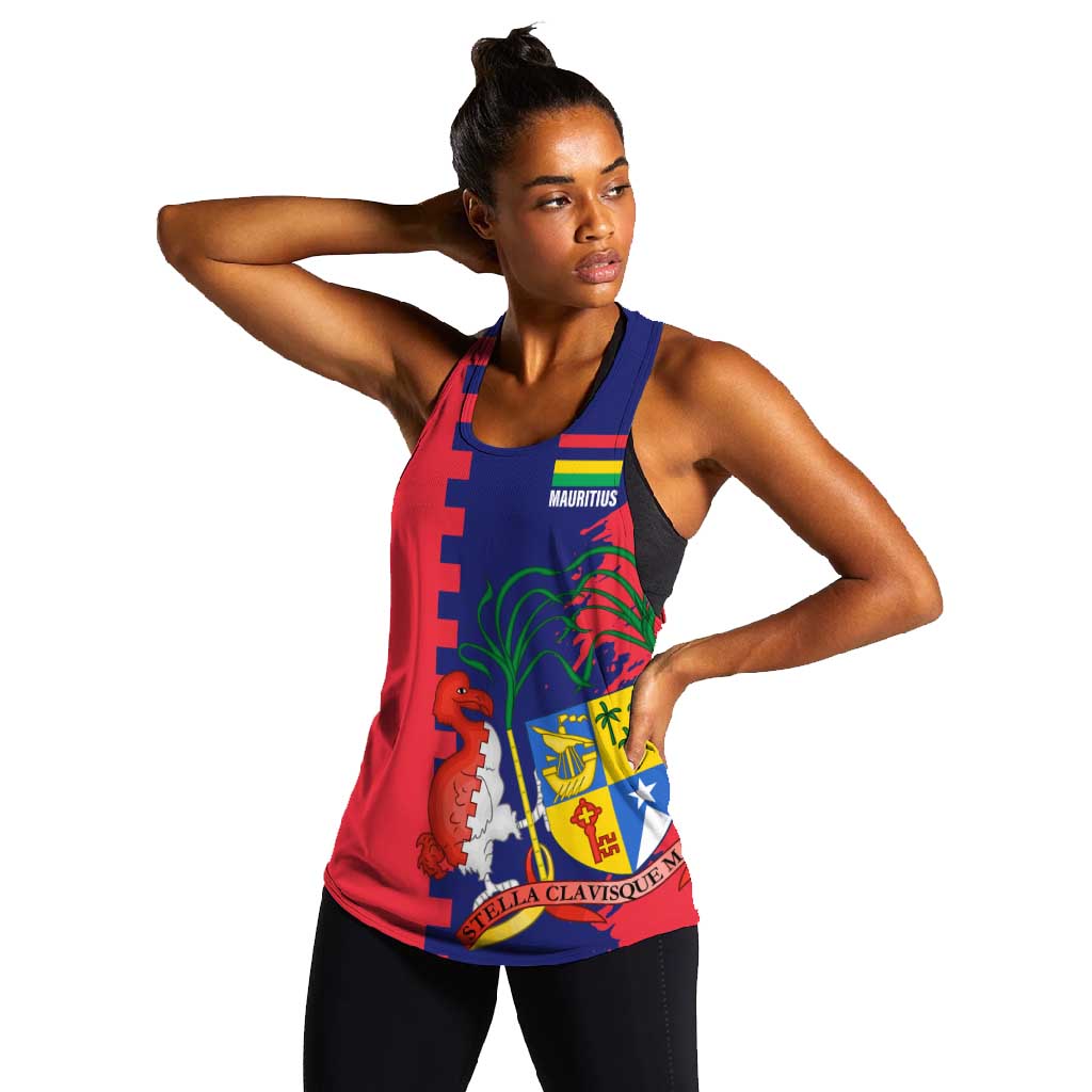 Afro Mauritius Women Racerback Tank Map Design with Flag Coat of Arms
