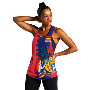 Afro Mauritius Women Racerback Tank Map Design with Flag Coat of Arms