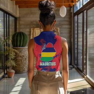 Afro Mauritius Women Sleeveless Polo Shirt Map Design with Flag Coat of Arms