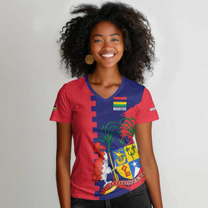 Afro Mauritius Women V-Neck T-Shirt Map Design with Flag Coat of Arms