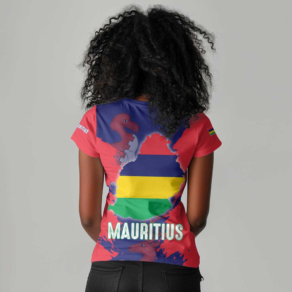 Afro Mauritius Women V-Neck T-Shirt Map Design with Flag Coat of Arms