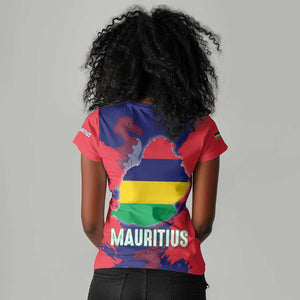 Afro Mauritius Women V-Neck T-Shirt Map Design with Flag Coat of Arms