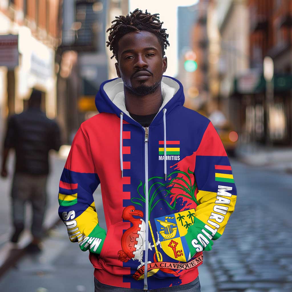 Afro Mauritius Zip Hoodie Map Design with Flag Coat of Arms