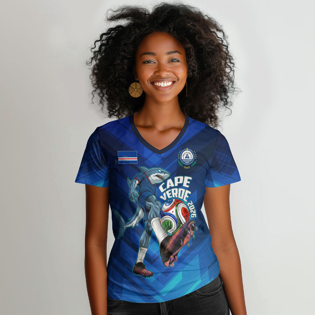 Personalized Cape Verde Football Women V-Neck T-Shirt Blue Shark Mascot Cabo Verdean - Gradient Art