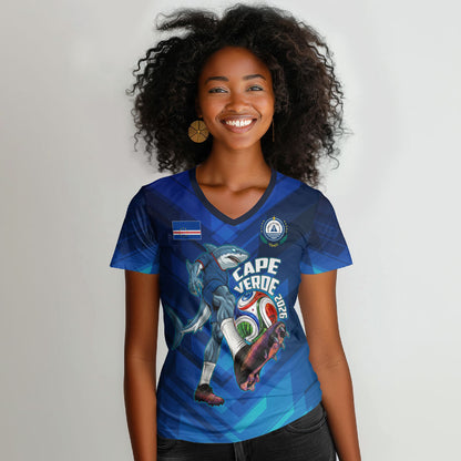 Personalized Cape Verde Football Women V-Neck T-Shirt Blue Shark Mascot Cabo Verdean - Gradient Art