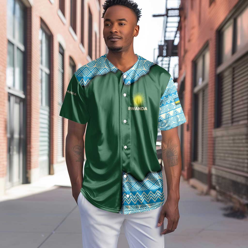 Rwanda Baseball Jersey with Green Nature Map Waterfall Sunburst Spirit
