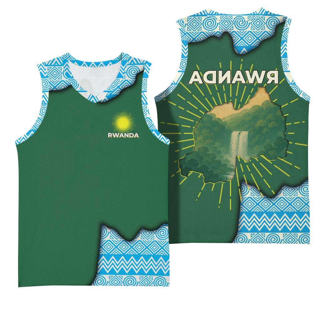 Rwanda Basketball Jersey with Green Nature Map Waterfall Sunburst Spirit - African Pride