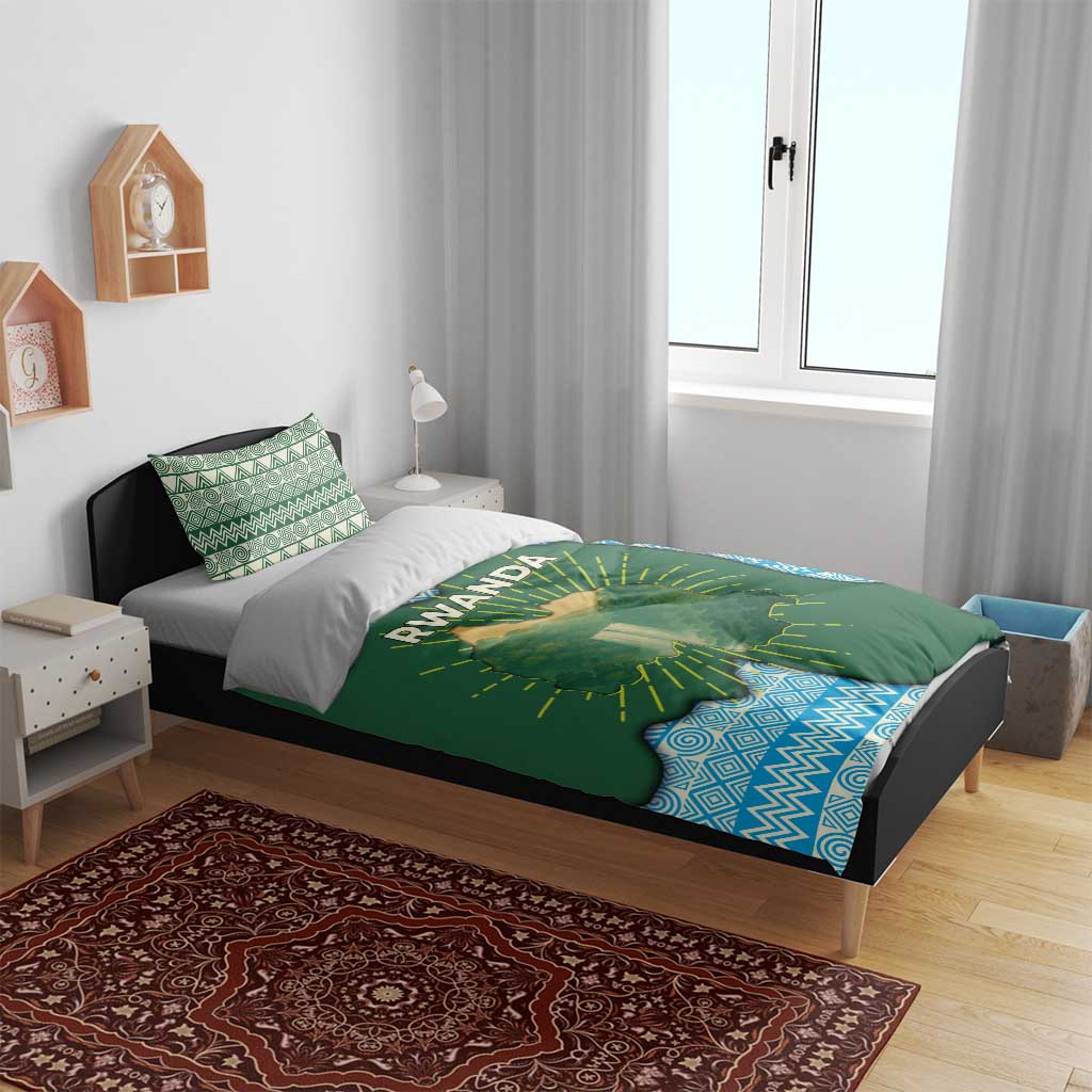 Rwanda Bedding Set with Green Nature Map Waterfall Sunburst Spirit