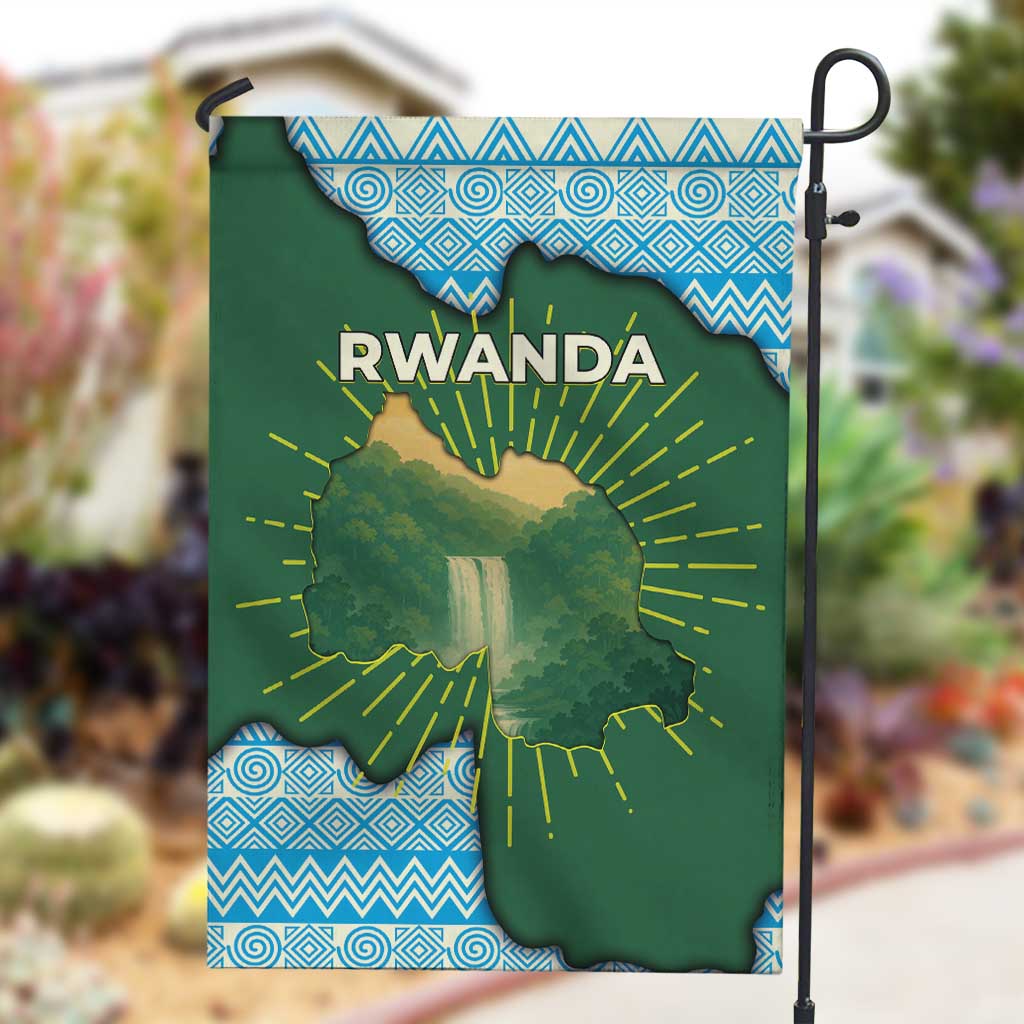 Rwanda Garden Flag with Green Nature Map Waterfall Sunburst Spirit