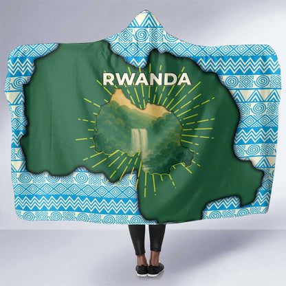 Rwanda Hooded Blanket with Green Nature Map Waterfall Sunburst Spirit