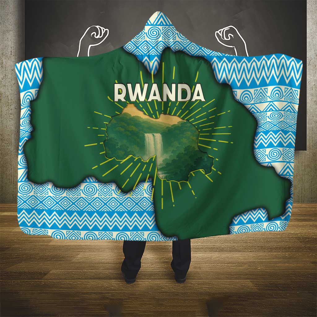 Rwanda Hooded Blanket with Green Nature Map Waterfall Sunburst Spirit