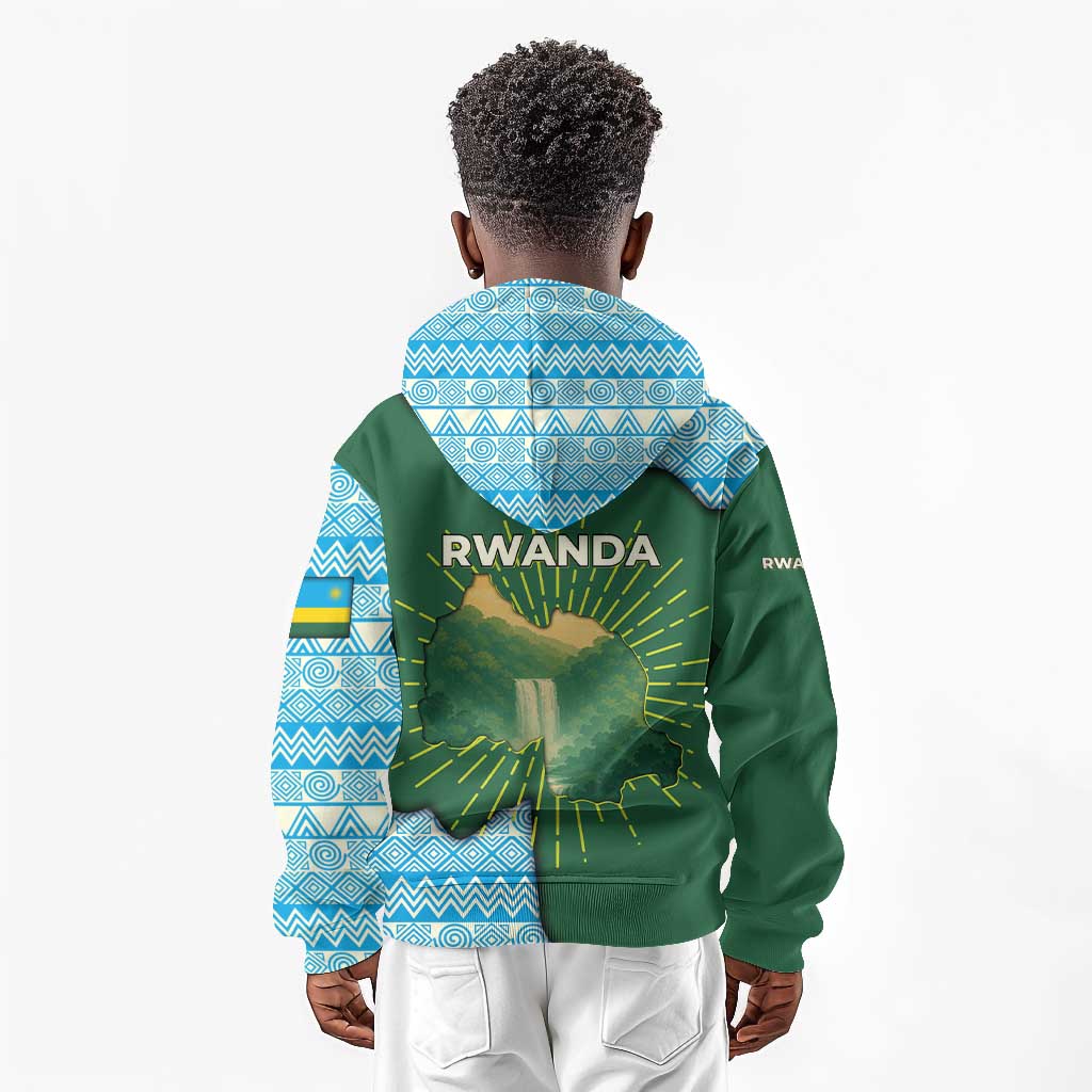 Rwanda Kid Hoodie with Green Nature Map Waterfall Sunburst Spirit