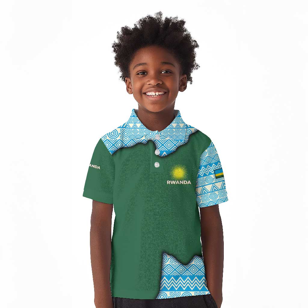 Rwanda Kid Polo Shirt with Green Nature Map Waterfall Sunburst Spirit