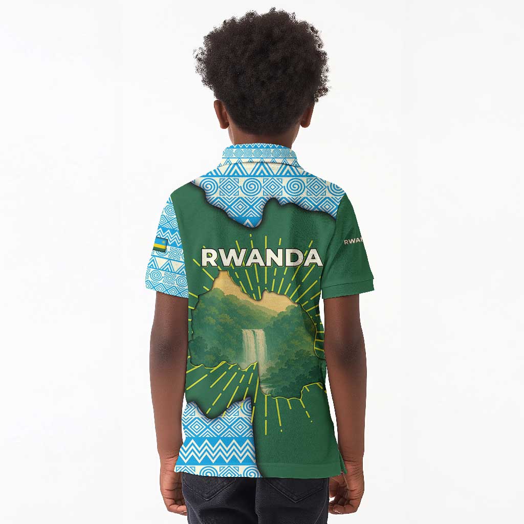 Rwanda Kid Polo Shirt with Green Nature Map Waterfall Sunburst Spirit