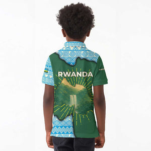 Rwanda Kid Polo Shirt with Green Nature Map Waterfall Sunburst Spirit