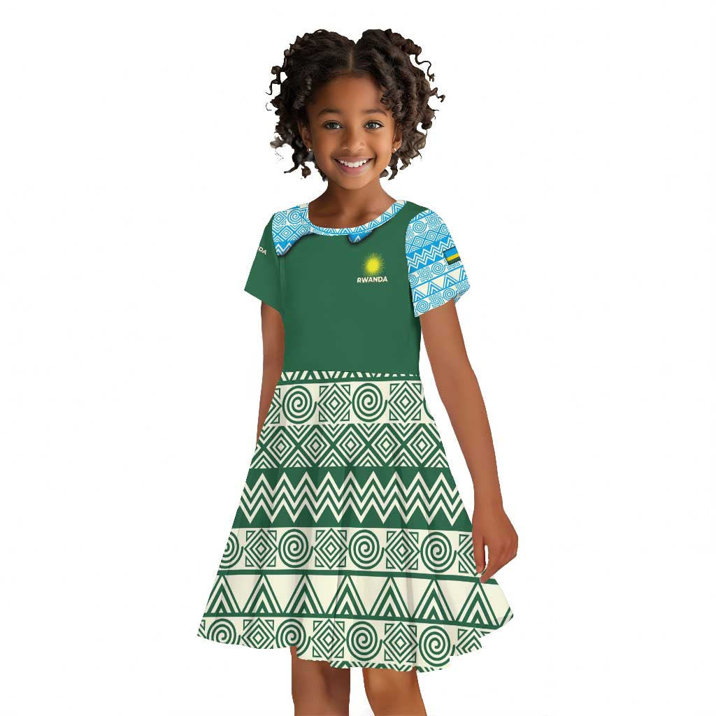 Rwanda Kid Short Sleeve Dress with Green Nature Map Waterfall Sunburst Spirit
