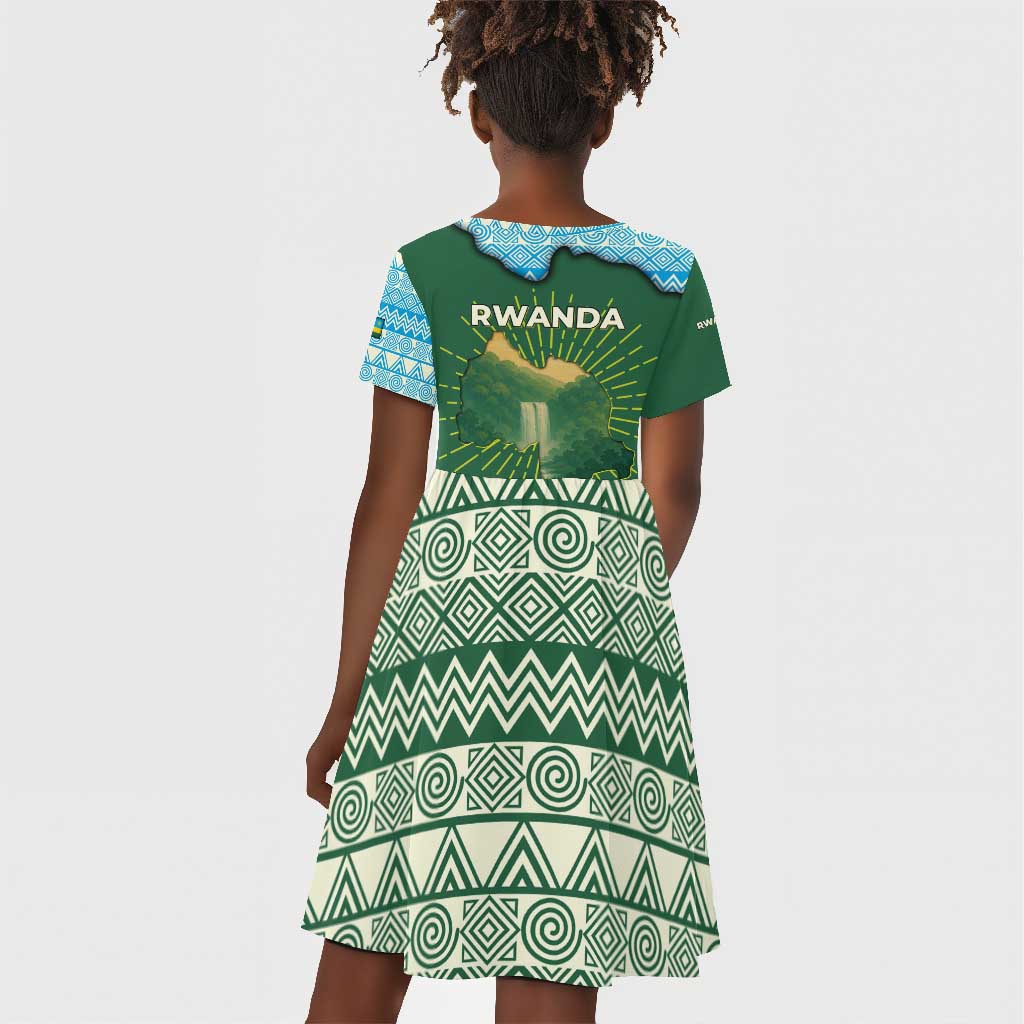 Rwanda Kid Short Sleeve Dress with Green Nature Map Waterfall Sunburst Spirit
