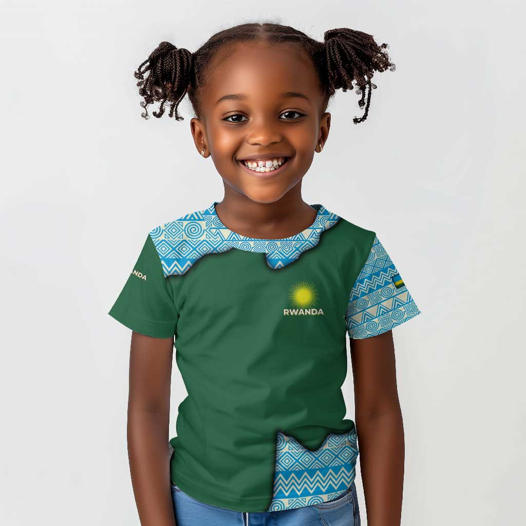 Rwanda Kid T shirt with Green Nature Map Waterfall Sunburst Spirit