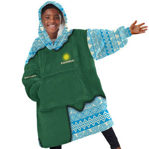 Rwanda Kid Wearable Blanket Hoodie with Green Nature Map Waterfall Sunburst Spirit