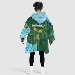 Rwanda Kid Wearable Blanket Hoodie with Green Nature Map Waterfall Sunburst Spirit